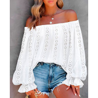 Off Shoulder Eyelet Embroidery Lantern Sleeve Top - white