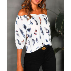 Off Shoulder Feather Print Blouse - white