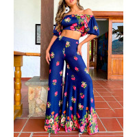 Off Shoulder Floral Print Crop Top & Bootcut Pants Set - blue