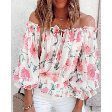 Off Shoulder Floral Print Lantern Sleeve Top - white