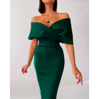 Off Shoulder Flutter Sleeve Work Dress With Belt - green