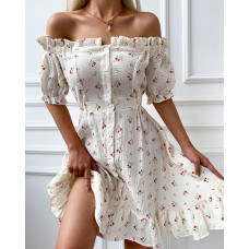 Off Shoulder Frill Hem Ditsy Floral Print Dress - white