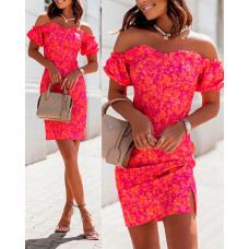 Off Shoulder Frill Hem Floral Print Dress - hot pink