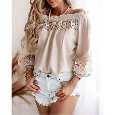 Off Shoulder Frill Hem Lace Patch Lantern Sleeve Top - Apricot