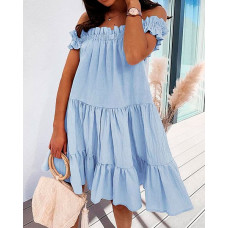 Off Shoulder Frill Hem Ruched Casual Swing Dress - Lighted Blue