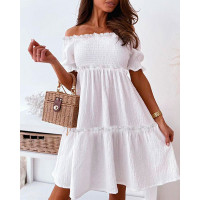 Off Shoulder Frill Hem Shirred Flowy Swing Dress - white