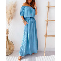 Off Shoulder Frill Hem Top & Maxi Skirt Sets - blue