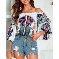 Off Shoulder Frill Hem Vintage Tribal Print Top - white