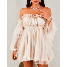 Off Shoulder Frill Trim Sheer Mesh Swing Dress - Apricot