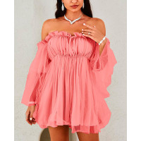 Off Shoulder Frill Trim Sheer Mesh Swing Dress - pink