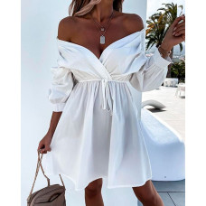 Off Shoulder Gathered Waist Ruched Dress - white