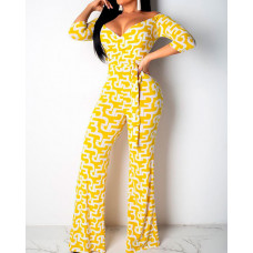 Off Shoulder Geo Print Belted Jumpsuit - yellow