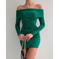 Off Shoulder Glitter Bodycon Dress - green