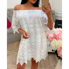 Off Shoulder Hollow Out Embroidery Casual Dress - white