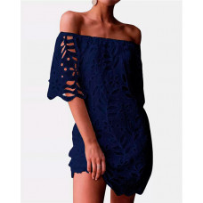 Off Shoulder Hollow Out Lace Dress - dark blue