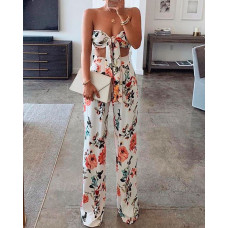 Off Shoulder Knotted Top & High Waist Pants Set - white