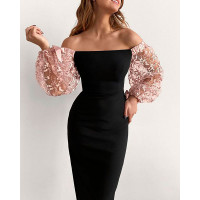 Off Shoulder Lace Lantern Sleeve Dress - black