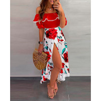 Off Shoulder Lace Patch Top & Floral Print High Slit Skirt Set - red