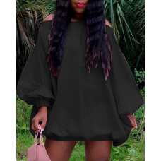 Off Shoulder Lantern Sleeve Casual Dress - black