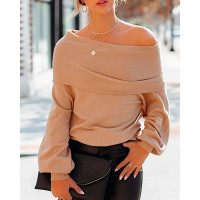 Off Shoulder Lantern Sleeve Casual Sweater - khaki