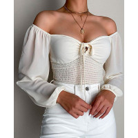 Off Shoulder Lantern Sleeve Cutout Shirred Top - beige