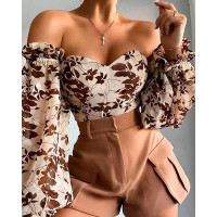 Off Shoulder Lantern Sleeve Floral Print Top - Apricot