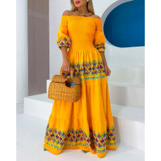 Off Shoulder Lantern Sleeve Shirred Floral Print Dress - yellow