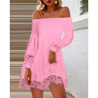 Off Shoulder Lantern Sleeve Shirred Lace Trim Dress - pink