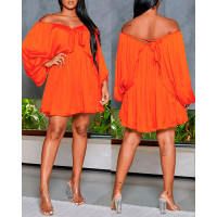 Off Shoulder Lantern Sleeve Swing Dress - orange