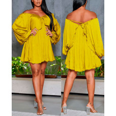 Off Shoulder Lantern Sleeve Swing Dress - yellow