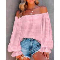 Off Shoulder Lantern Sleeve Textured Top - pink