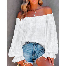 Off Shoulder Lantern Sleeve Textured Top - white