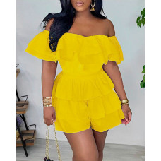 Off Shoulder Layered Ruffles Romper - yellow