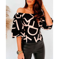 Off Shoulder Letter Print Lantern Sleeve Top - black