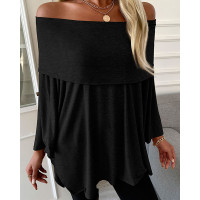 Off Shoulder Long Sleeve Plain Top - black