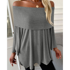 Off Shoulder Long Sleeve Plain Top - gray