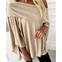 Off Shoulder Long Sleeve Plain Top - khaki