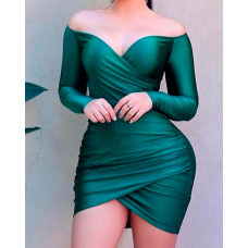 Off Shoulder Long Sleeve Ruched Bodycon Dress - green