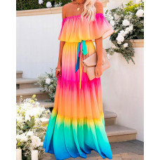 Off Shoulder Ombre Ruffles Maxi Dress - Multicolor