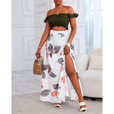 Off Shoulder Plain Crop Top & High Slit Floral Print Maxi Skirt Set - Army green