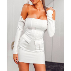 Off Shoulder Pocket Design Corset Bodycon Dress - white