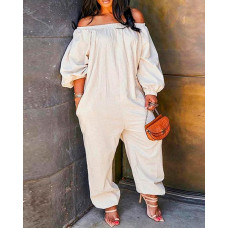 Off Shoulder Pocket Design Lantern Sleeve Jumpsuit - white