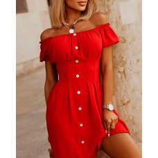 Off Shoulder Puff Sleeve Button Design Casual Dress - red