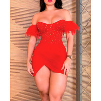 Off Shoulder Rhinestone Decor Bodycon Dress - red