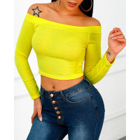 Off Shoulder Ribbed Long Sleeve Blouse - yellow