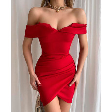 Off Shoulder Ruched Bodycon Dress - red