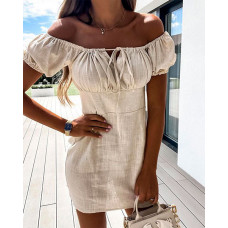 Off Shoulder Ruched Bust Casual Dress - Apricot