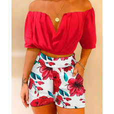 Off Shoulder Ruched Crop Top & Floral Print Shorts Set - red