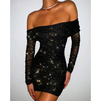 Off Shoulder Ruched Glitter Party Dress - black