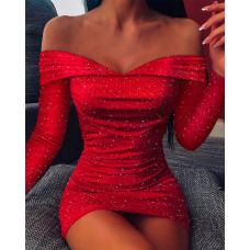 Off Shoulder Ruched Glitter Party Dress - red